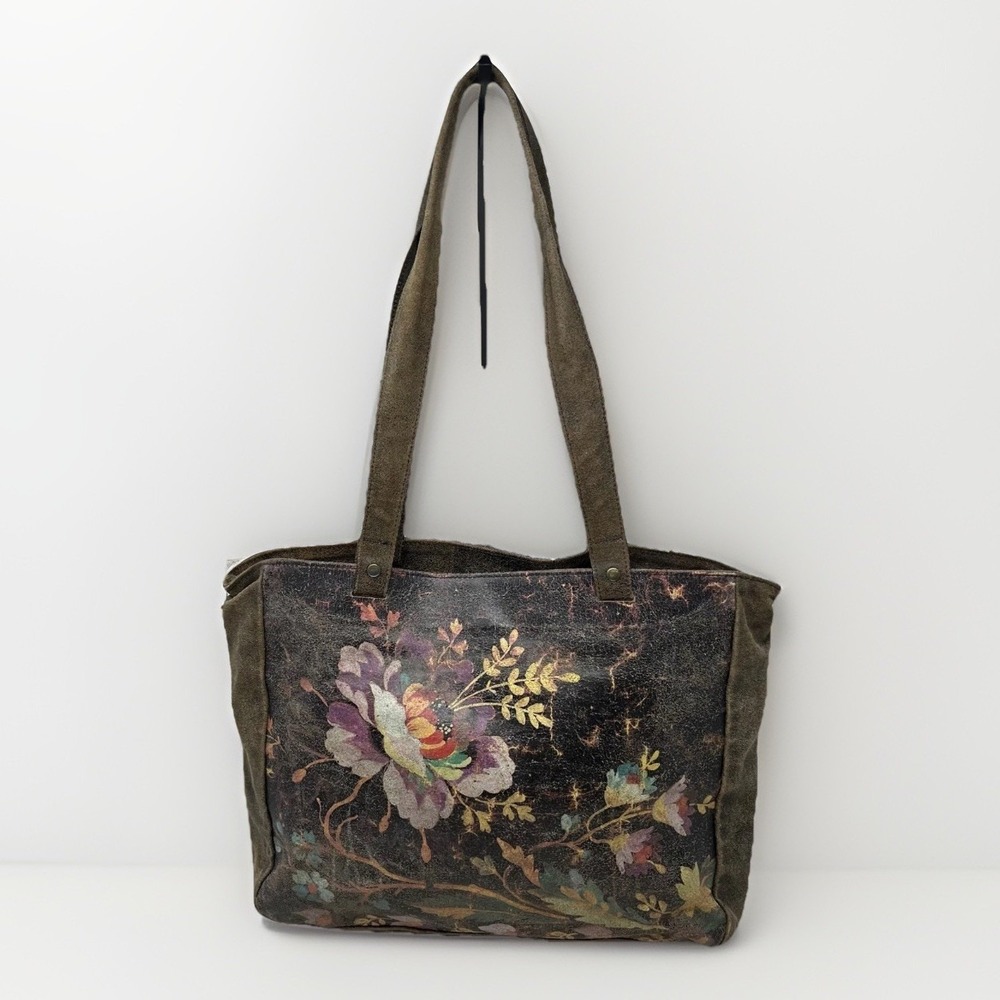 Vtg 90s Y2K Hand Painted Leather Tote Shoulder Bag Floral Boho Artisan Cottage